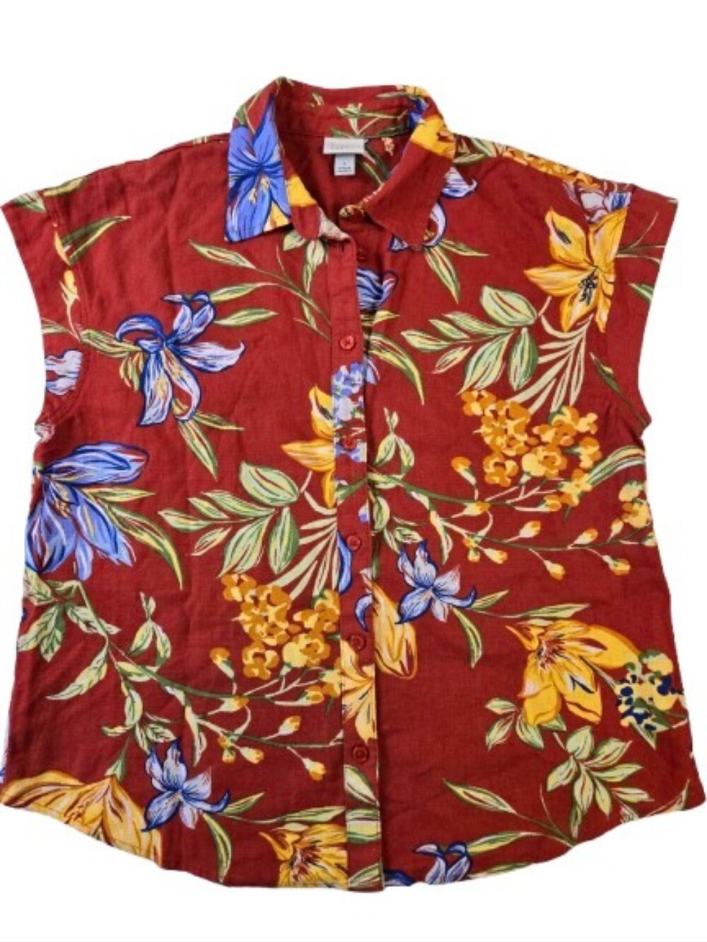 NWoT A New Day Linen Blend Red Sleeveless Shirt Size Small Hawaiian Print